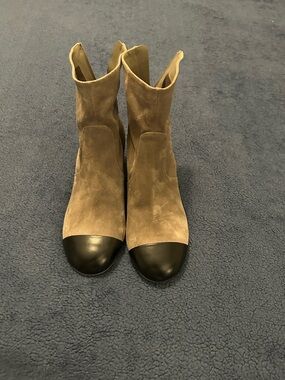 CHANEL gray Suede Ankle Boots with Black Cap Toe